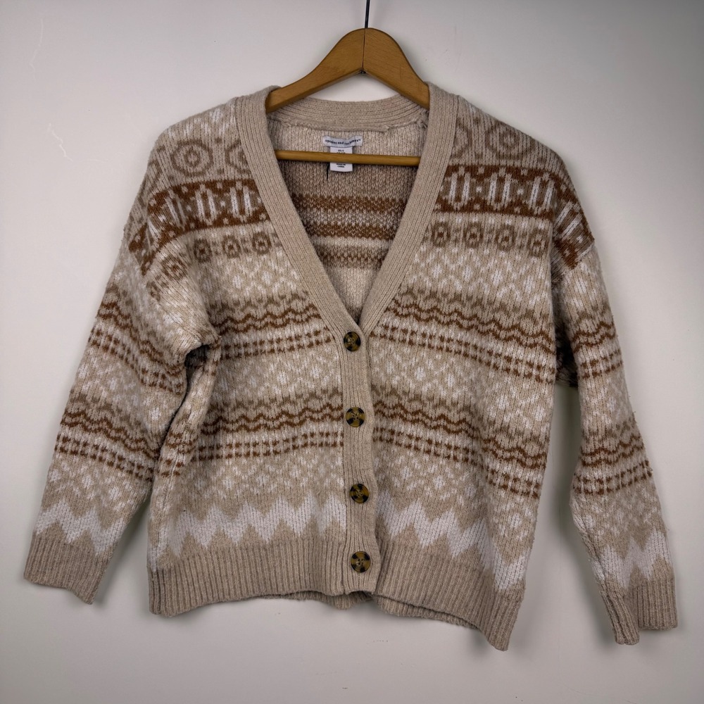 Cupcakes and Cashmere Fair Isle Button Front Cardigan Sweater Tan Brown Small